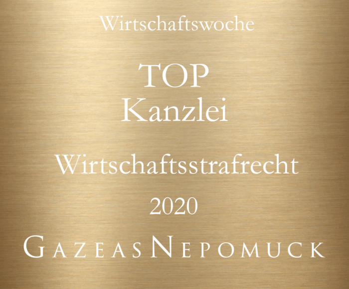 Award as TOP Law Firm for White-Collar Crime 2020 and Dr. Nepomuck as TOP Attorney for White-Collar Crime 2020 by the business magazine WirtschaftsWoche